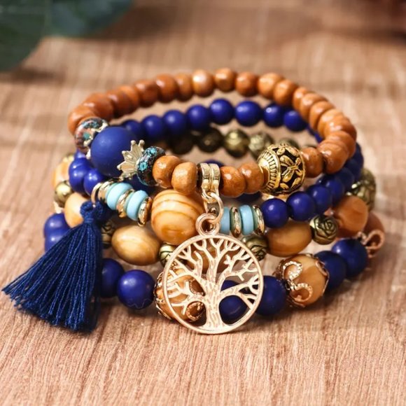 Jewelry - New Bohemian Beaded Layered 4 Strand Tree of Life Tassel Stretchy Bracelet Set